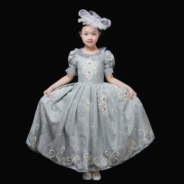 Vintage / Retro Medieval Pool Blue Flower Girl Dresses 2024 3D Lace Floral Printing Scoop Neck Short Sleeve Cosplay Prom Ball Gown Wedding Party Dresses