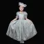 Vintage / Retro Medieval Pool Blue Flower Girl Dresses 2024 3D Lace Floral Printing Scoop Neck Short Sleeve Cosplay Prom Ball Gown Wedding Party Dresses