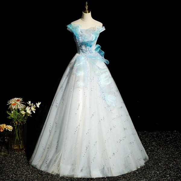 Fashion Sky Blue Beading Sequins Prom Dresses 2022 Ball Gown Ruffle Off-The-Shoulder Sleeveless Backless Floor-Length / Long Prom Formal Dresses