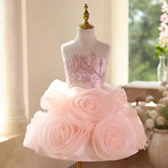 Lovely Blushing Pink Beading Appliques Sequins Short Birthday Flower Girl Dresses 2025 Ball Gown Scoop Neck Sleeveless Backless Tulle