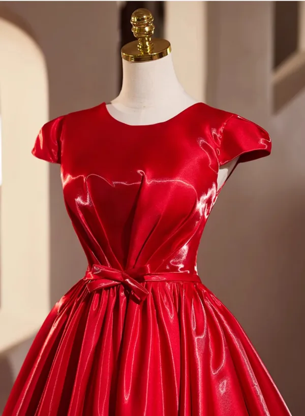 Modest / Simple Burgundy Prom Dresses 2025 Ball Gown Scoop Neck Cap Sleeves Bow Sash Backless Floor-Length / Long Prom Formal Dresses