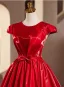 Modest / Simple Burgundy Prom Dresses 2025 Ball Gown Scoop Neck Cap Sleeves Bow Sash Backless Floor-Length / Long Prom Formal Dresses