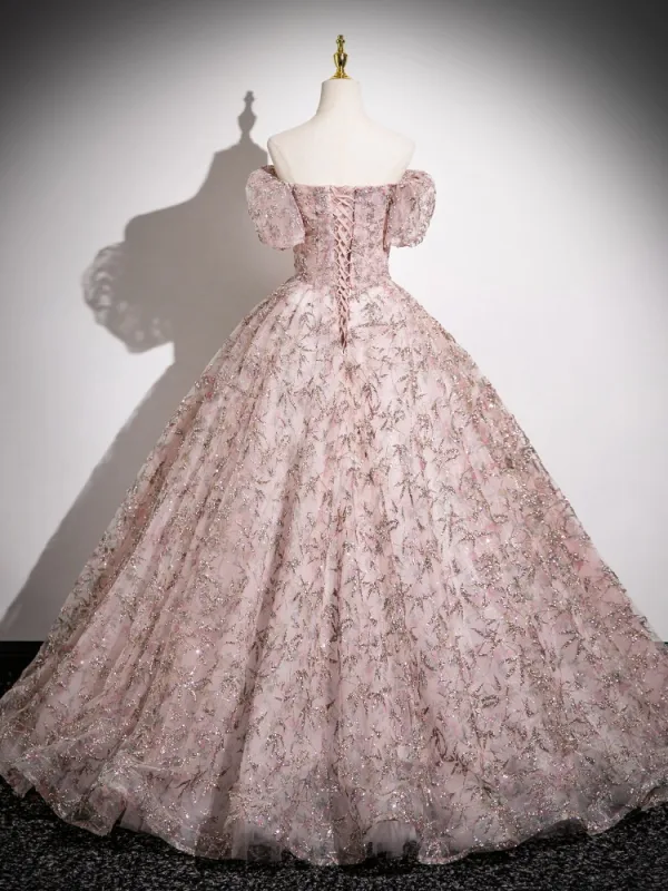 Bling Bling Rougissant Rose Paillettes Robe Boule Robe De Bal 2024 De l'épaule Manches Courtes Dos Nu Longue Promo Robe De Ceremonie