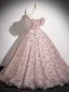 Bling Bling Rougissant Rose Paillettes Robe Boule Robe De Bal 2024 De l'épaule Manches Courtes Dos Nu Longue Promo Robe De Ceremonie