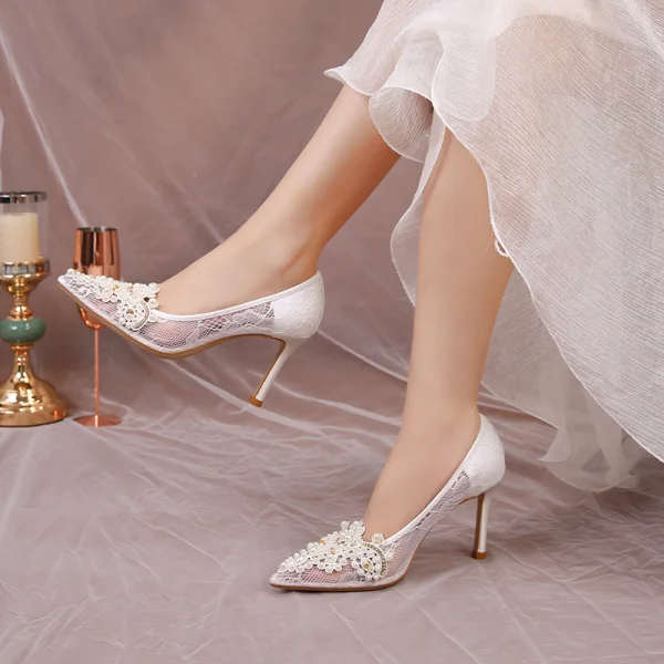 Chic / Beautiful White Pearl Rhinestone Lace Flower Wedding Shoes 2023 8 cm Stiletto Heels Pointed Toe Wedding Pumps High Heels