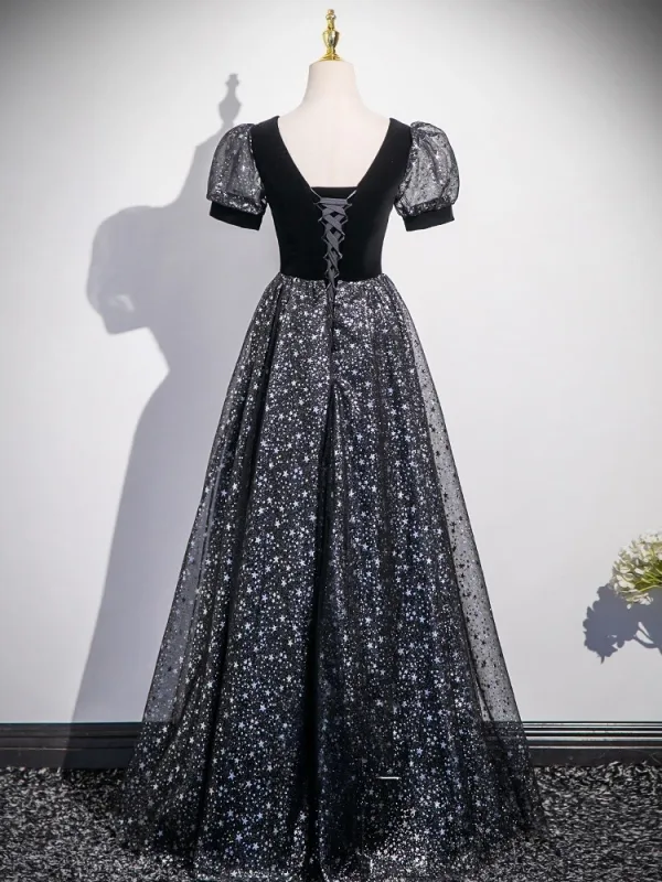 Bling Bling Black Star Sequins Prom Dresses 2025 A-Line / Princess V-Neck Short Sleeve Backless Floor-Length / Long Formal Dresses