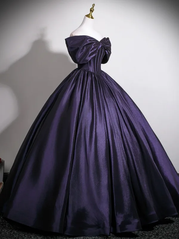 Vintage / Retro Purple Prom Dresses 2025 Ball Gown Bow Off-The-Shoulder Short Sleeve Backless Floor-Length / Long Formal Dresses