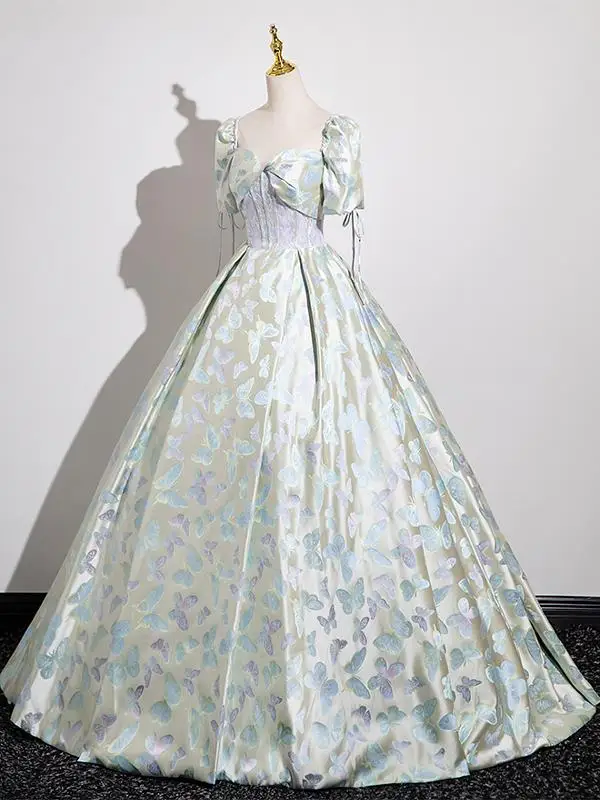Fashion Sage Green Lace Flower Butterfly Prom Dresses 2025 Ball Gown Square Neckline Short Sleeve Backless Floor-Length / Long Prom Formal Dresses