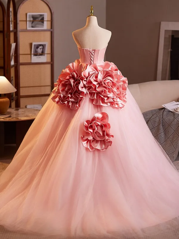Lovely Candy Pink Beading Pearl Ruffle Flower Prom Dresses 2025 Ball Gown Strapless Sleeveless Backless Floor-Length / Long Prom Formal Dresses