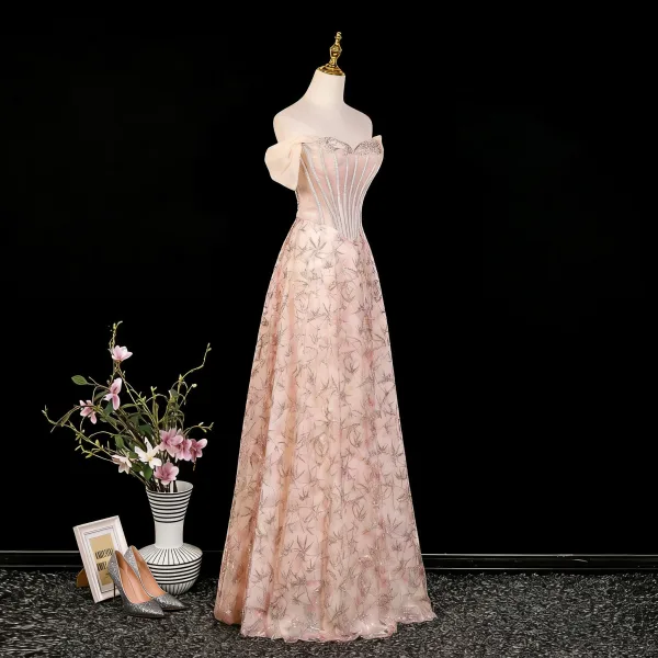 Schöne Rosa Spitze Blumen Abendkleider 2026 A Linie Bandeau Ärmellos Rückenfreies Lange Festliche Kleider