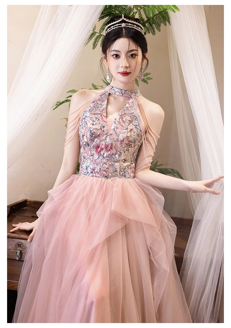 Chic / Beautiful Blushing Pink Beading Cascading Ruffles Printing Prom Dresses 2025 A-Line / Princess High Neck Sleeveless Backless Floor-Length /
