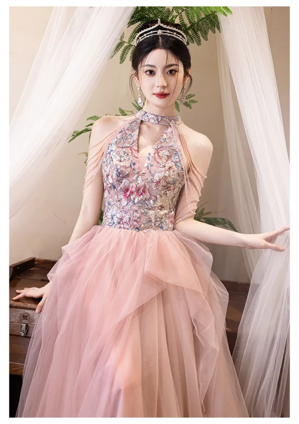 Chic / Beautiful Blushing Pink Beading Cascading Ruffles Printing Prom Dresses 2025 A-Line / Princess High Neck Sleeveless Backless Floor-Length / Long Tulle Formal Dresses