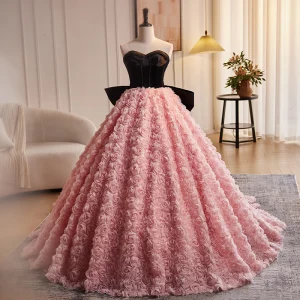 Lovely Blushing Pink Flower Prom Dresses 2024 Ball Gown Strapless Sleeveless Backless Bow Court Train Prom Formal Dresses