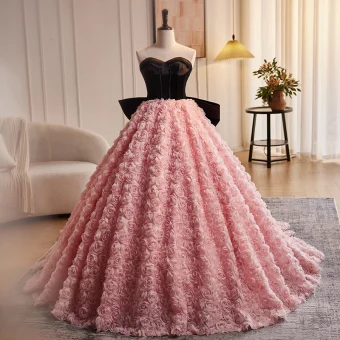 Charmant Rougissant Rose Fleur Robe De Bal 2024 Robe Boule Bustier Sans Manches Dos Nu Noeud Tribunal Train Promo Robe De Ceremonie