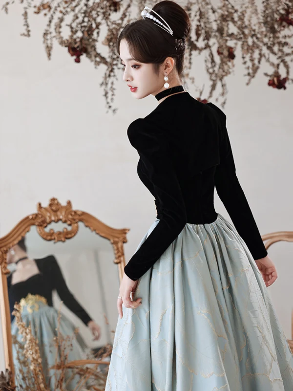 Vintage Schwarz Wildleder Ballkleider 2022 A Linie Bandeau Lange Ärmel Lange Festliche Kleider