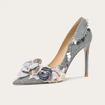 Fine Grå Appliques Paljetter Ball Pumps 2024 Lær 10 Cm Stiletthæler Spisse Høyhælte