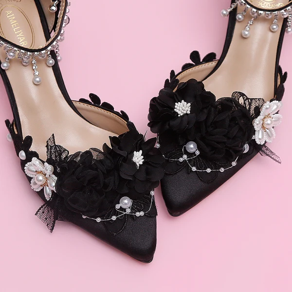 Schön Weiß Applikationen Schleife Brautschuhe 2023 Perle Strass Knöchelriemen 9 cm Stilettos Spitzschuh Hochzeit Sandaletten Hochhackige