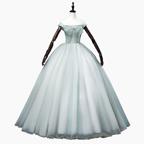 Elegant Mint Green Prom Dresses 2022 Ball Gown Off-The-Shoulder Beading Pearl Rhinestone Sleeveless Backless Floor-Length / Long Prom Formal Dresses