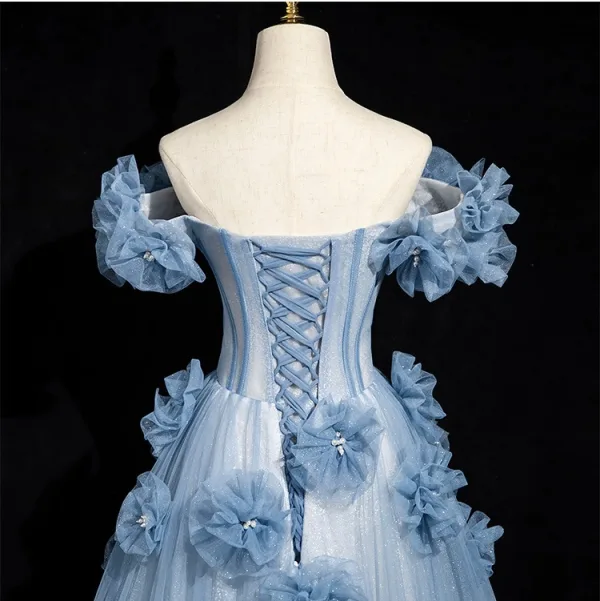 Chic / Beautiful Sky Blue Appliques Rhinestone Prom Dresses 2025 A-Line / Princess Off-The-Shoulder Short Sleeve Backless Floor-Length / Long Prom Formal Dresses
