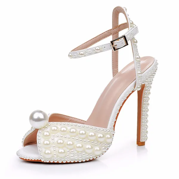 Elegant Beige Pearl Wedding Shoes 2024 11 cm Stiletto Heels Ankle Strap Open / Peep Toe Wedding Sandals High Heels