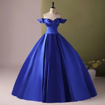 Vintage Retro Royal Blue Satin Prom Dresses 2024 Ball Gown Off The Shoulder Sleeveless Backless Floor Length Long Prom Formal Dresses
