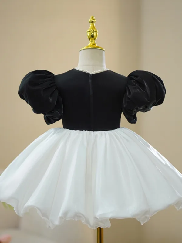 Fashion Black Pearl Bow Short Birthday Flower Girl Dresses Ball Gown 2023 High Neck Puffy Short Sleeve