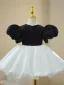 Fashion Black Pearl Bow Short Birthday Flower Girl Dresses Ball Gown 2023 High Neck Puffy Short Sleeve