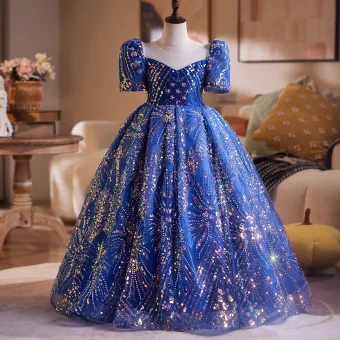 Glitter Vintage Oceaan Blauw Parel Pailletten Verjaardag Bloemenmeisjes Jurken 2025 Baljurk Ronde Hals Korte Mouwen Ruglooze Lange Tule