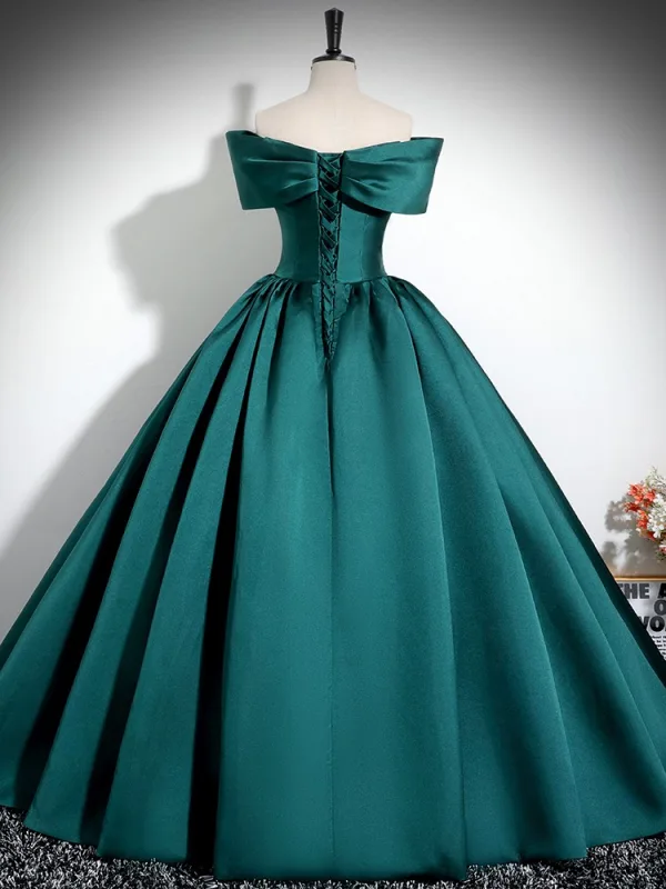 Elegant Dark Green Satin Prom Dresses 2024 Ball Gown Off-The-Shoulder Short Sleeve Long