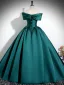 Elegant Dark Green Satin Prom Dresses 2024 Ball Gown Off-The-Shoulder Short Sleeve Backless Floor-Length / Long Prom Formal Dresses