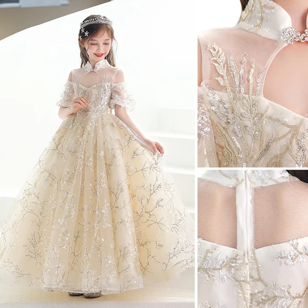 Fashion Champagne Lace Flower Sequins Birthday Flower Girl Dresses 2022 Ball Gown High Neck Short Sleeve Backless Floor-Length / Long Flower Girl Dresses