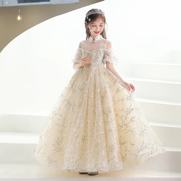 Fashion Champagne Lace Flower Sequins Birthday Flower Girl Dresses 2022 Ball Gown High Neck Short Sleeve Backless Floor-Length / Long Flower Girl Dresses