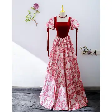 Vintage Retro Red Floral Prom Dresses 2022 A Line Princess Square Neckline Short Sleeve Backless Bow Floor Length Long Prom Formal Dresses