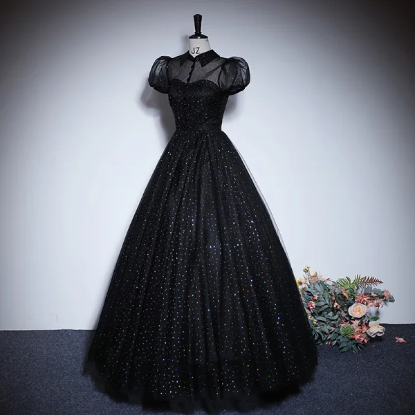 Élégant Noire Paillettes Robe De Bal 2023 Princesse Col Haut Manches Courtes Dos Nu Longue Promo Robe De Ceremonie
