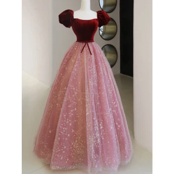 Elegant Burgundy Sequins Prom Dresses 2023 A Line Princess Spaghetti Straps Puffy Short Sleeve Bow Sash Backless Floor Length Long Formal Dresses