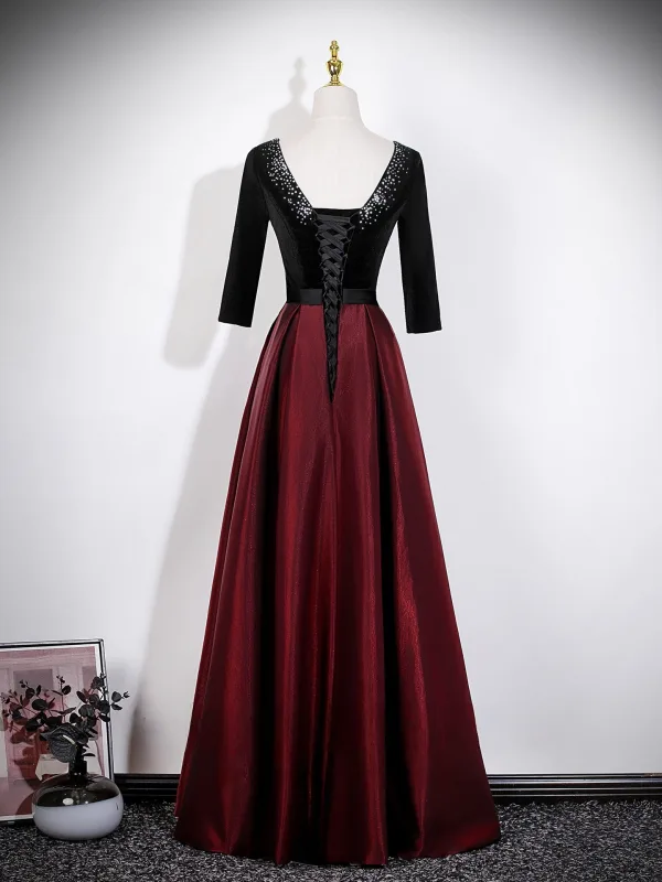 Vintage / Originale Bordeaux Robe De Bal 2026 Princesse V-Cou 3/4 Manches Dos Nu Longue