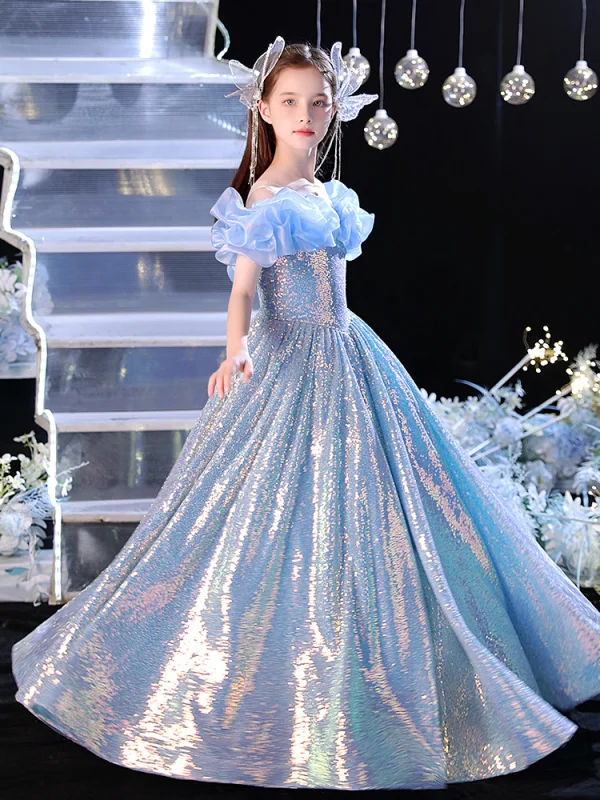 Sparkly Sky Blue Sequins Birthday Flower Girl Dresses 2024 A-Line / Princess Scoop Neck Ruffle Short Sleeve Floor-Length / Long