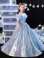Sparkly Sky Blue Sequins Birthday Flower Girl Dresses 2024 A-Line / Princess Scoop Neck Ruffle Short Sleeve Floor-Length / Long