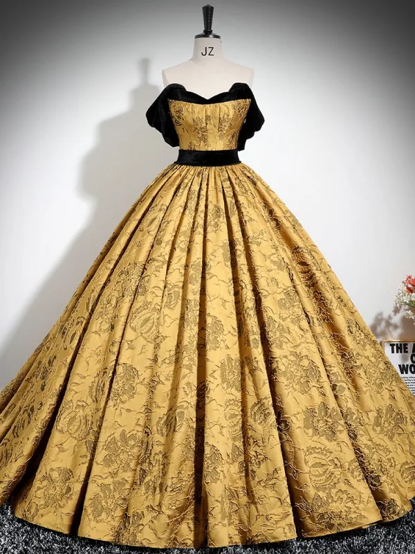 Elegant Gold Printing Prom Dresses 2024 Ball Gown Strapless Sleeveless Backless Floor-Length / Long Formal Dresses
