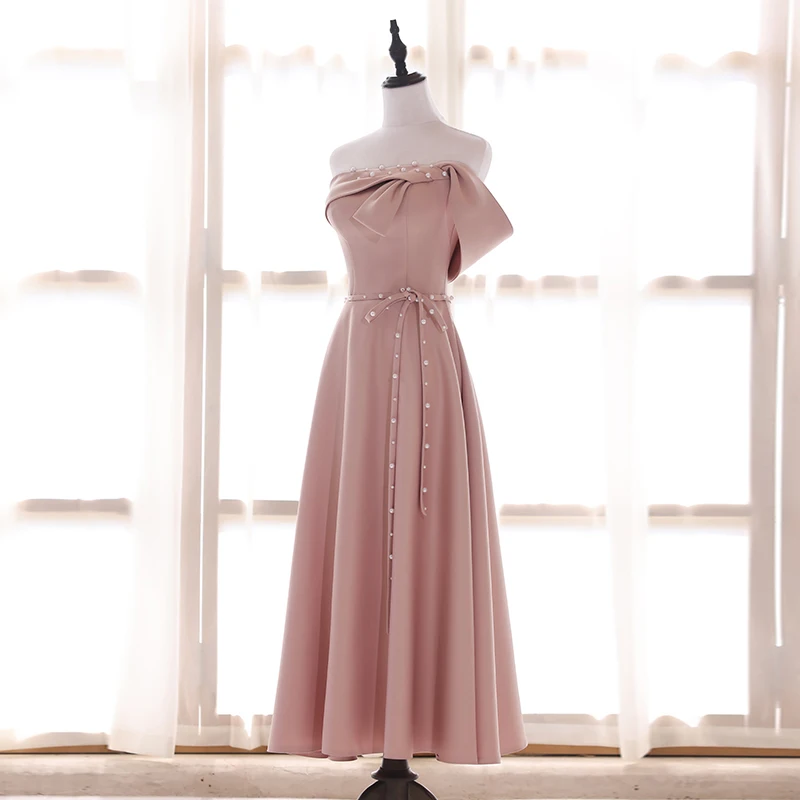 Modest Simple Blushing Pink Bridesmaid Dresses 2022 A Line Princess Square  Neckline Pearl Bow Sash Short Sleeve Backless Floor Length Long Bridesmaid