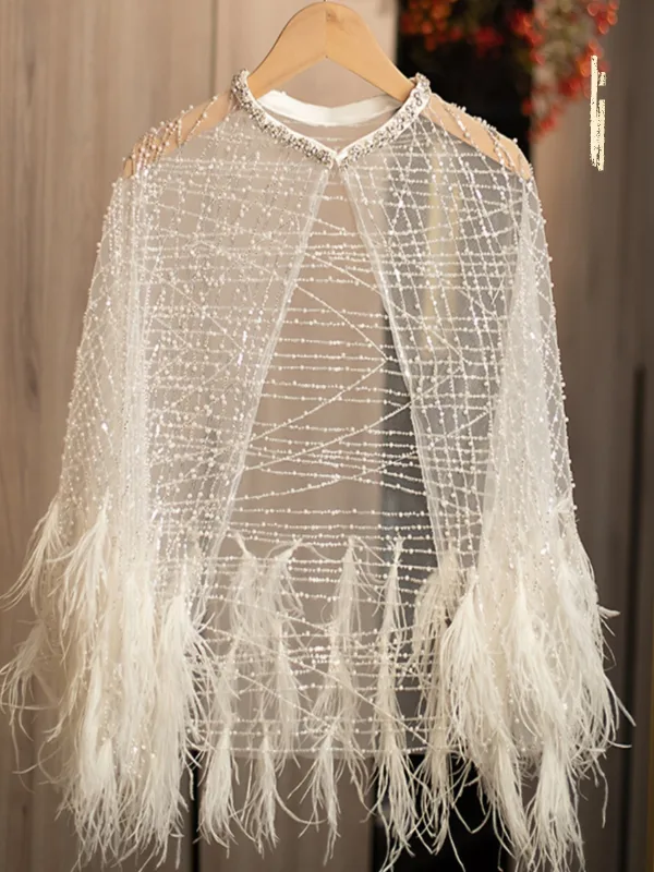 High-end Vintage / Retro White Handmade Beading Pearl Sequins Feather Prom shawl 2025
