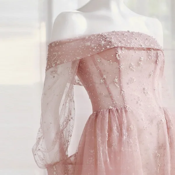 Chic / Belle Rougissant Rose Paillettes Robe De Bal 2025 Princesse De l'épaule Manches Longues Dos Nu Train De Balayage Promo Robe De Ceremonie