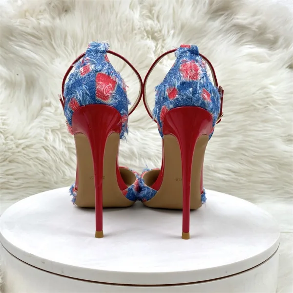 Fashion Red Denim Evening Party Womens Shoes 2024 Ankle Strap 12 cm Stiletto Heels Pointed Toe High Heels