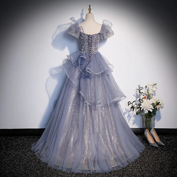 Fashion Grey Beading Sequins Prom Dresses 2023 A-Line / Princess Square Neckline Puffy Short Sleeve Backless Floor-Length / Long Prom Formal Dresses