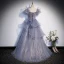 Fashion Grey Beading Sequins Prom Dresses 2023 A-Line / Princess Square Neckline Puffy Short Sleeve Backless Floor-Length / Long Prom Formal Dresses