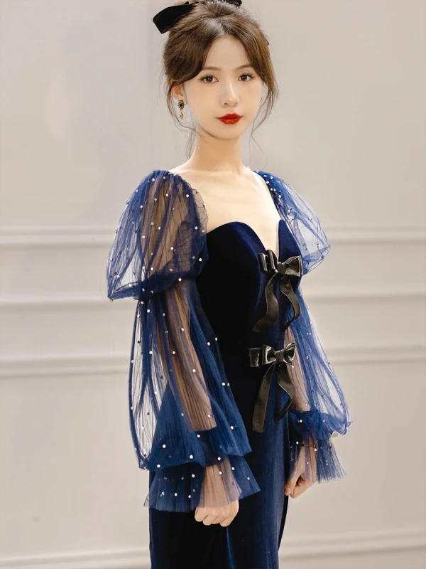 Mode Bleu Marine Paillettes Velours Robe De Soirée 2023 Trompette / Sirène Encolure Carrée Noeud Manches Longues Dos Nu Train De Balayage Soirée Robe De Ceremonie