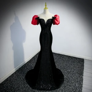 Sexy Noire Paillettes Noeud Robe De Soirée 2022 Trompette Sirène Encolure Dégagée Gonflée Manches Courtes Dos Nu Train De Balayage Soirée Robe De Ceremonie