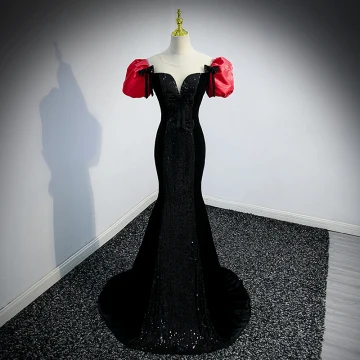 Sexy Black Sequins Bow Evening Dresses 2022 Trumpet Mermaid Scoop Neck Puffy Short Sleeve Backless Sweep Train Evening Party Formal Dresses