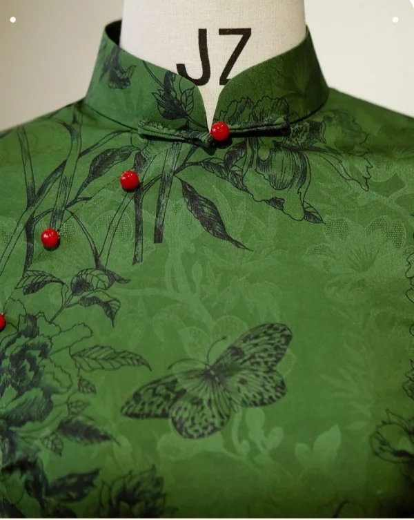 Chinese style Green Printing Split Front Tea-length Cheongsam 2026 Trumpet / Mermaid High Neck Cap Sleeves