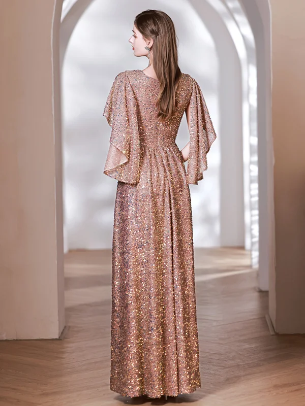 Sparkly Gold Sequins Evening Dresses 2023 A-Line / Princess V-Neck Short Sleeve Floor-Length / Long Evening Party Formal Dresses